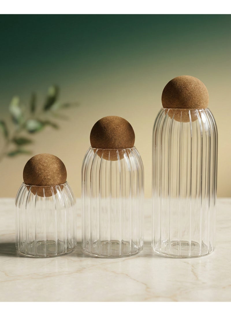 Casa Home Glass Storage Containers Set - 3 pcs - Wooden Ball Lid - Image 1